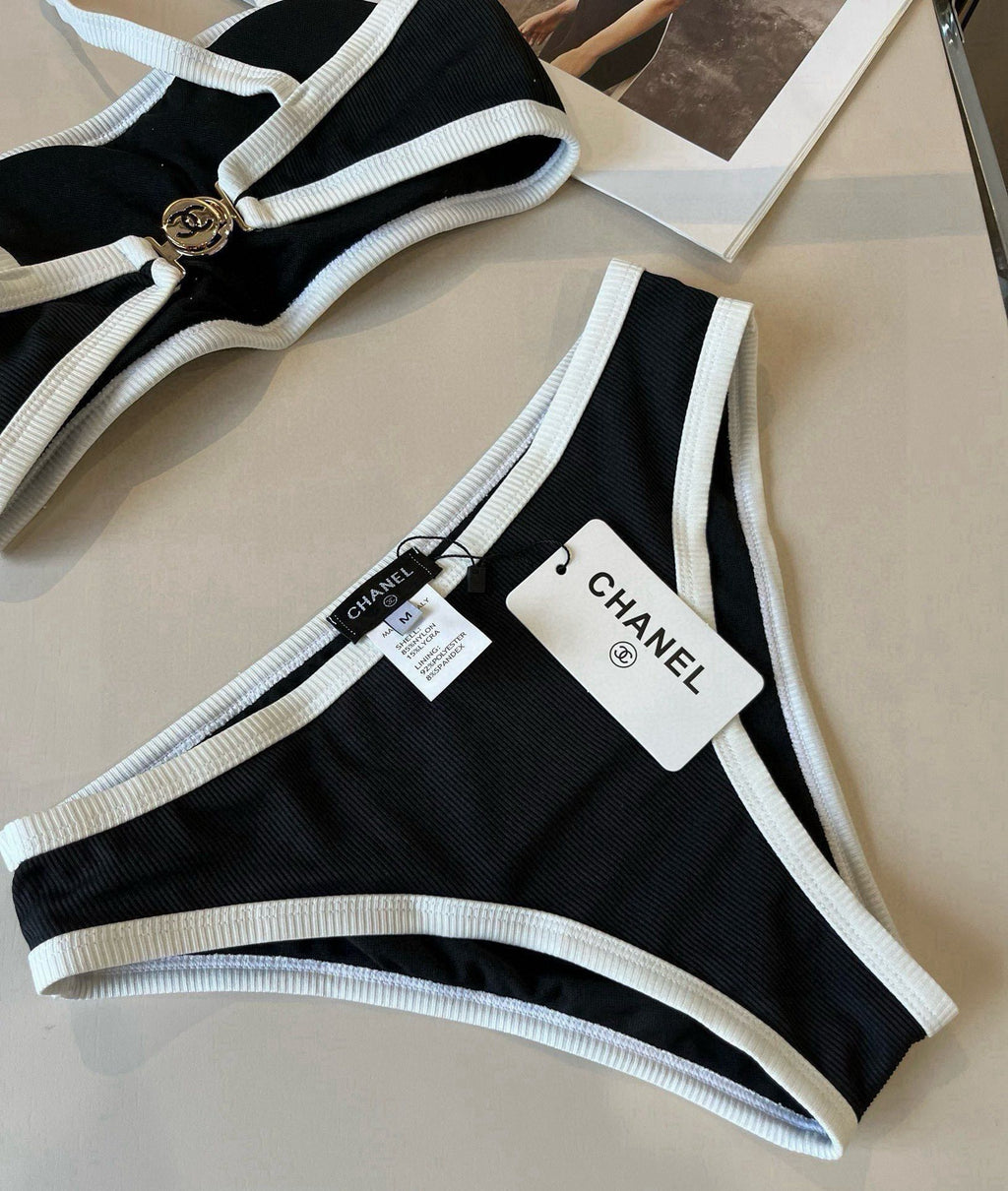 CHANEL BIKINI SWIMSUIT SET IN BLACK AND WHITE TRIM 633212