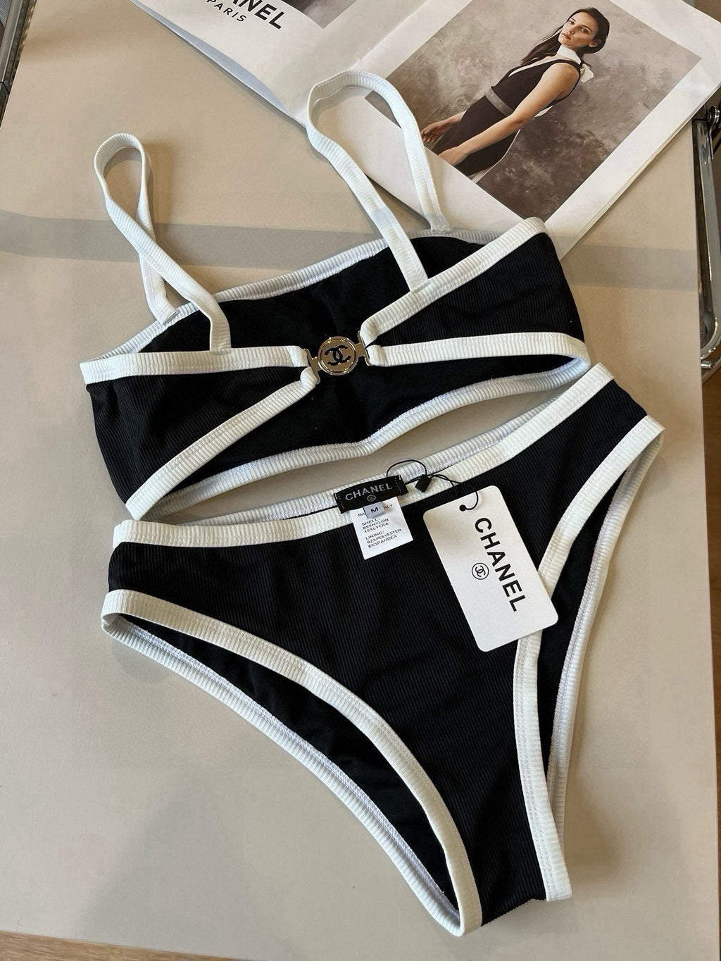 CHANEL BIKINI SWIMSUIT SET IN BLACK AND WHITE TRIM 633212