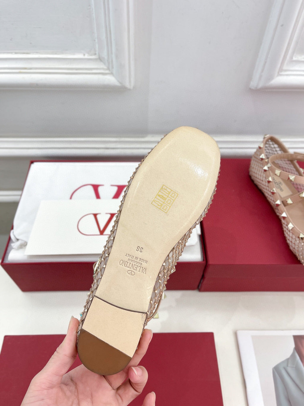 BALLET FLATS ROCKSTUD MESH WITH CRYSTALS IN ROSE CANNELLE