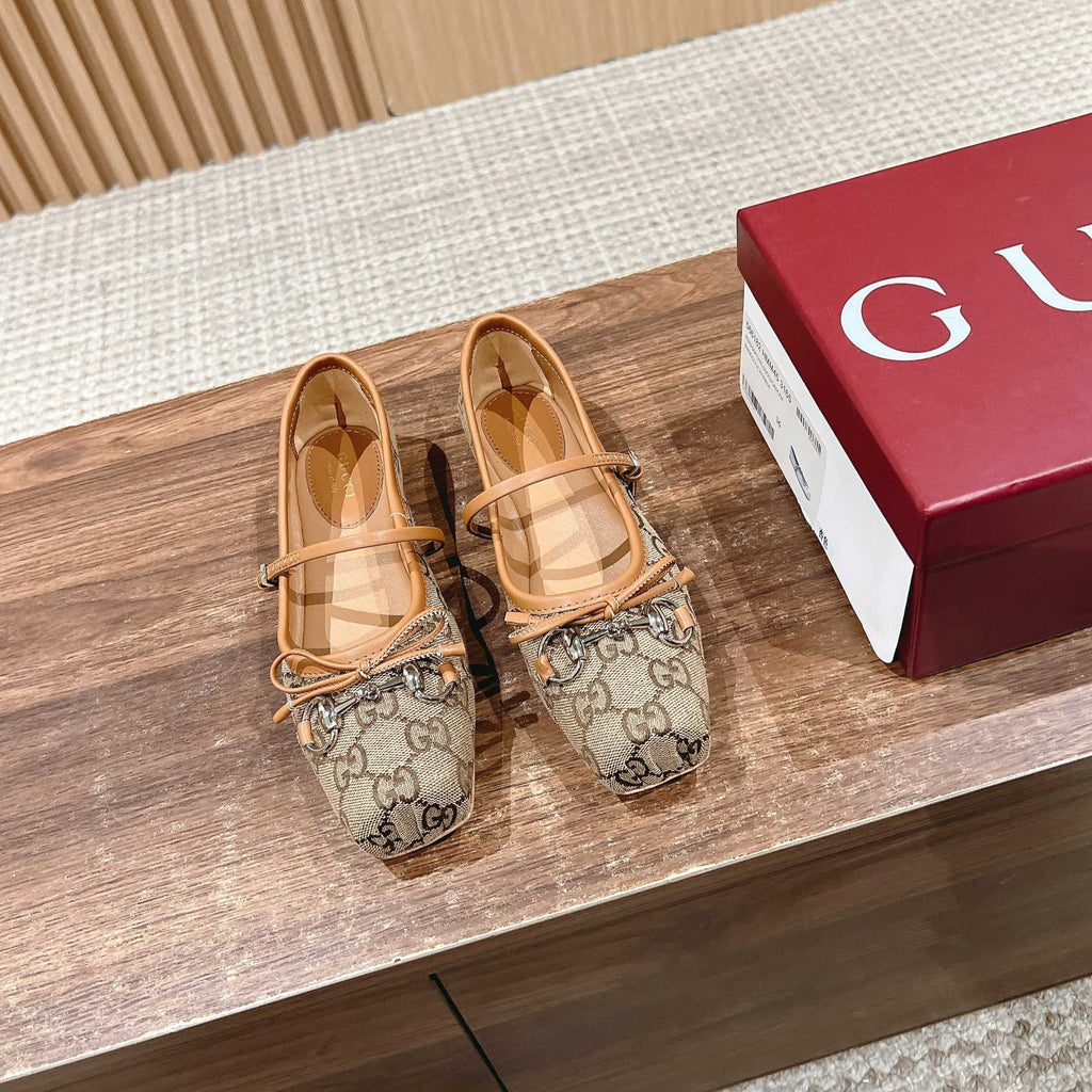 GUCCI BALLET FLATS HORSEBIT IN BEIGE AND DARK BROWN CANVAS