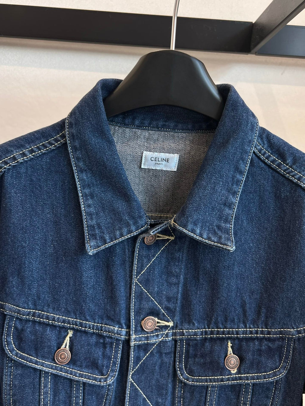 CELINE CLASSIC TRUCKER JACKET INDIGO DENIM CONTRAST STITCHING SILVER BUTTONS Ask ChatGPT