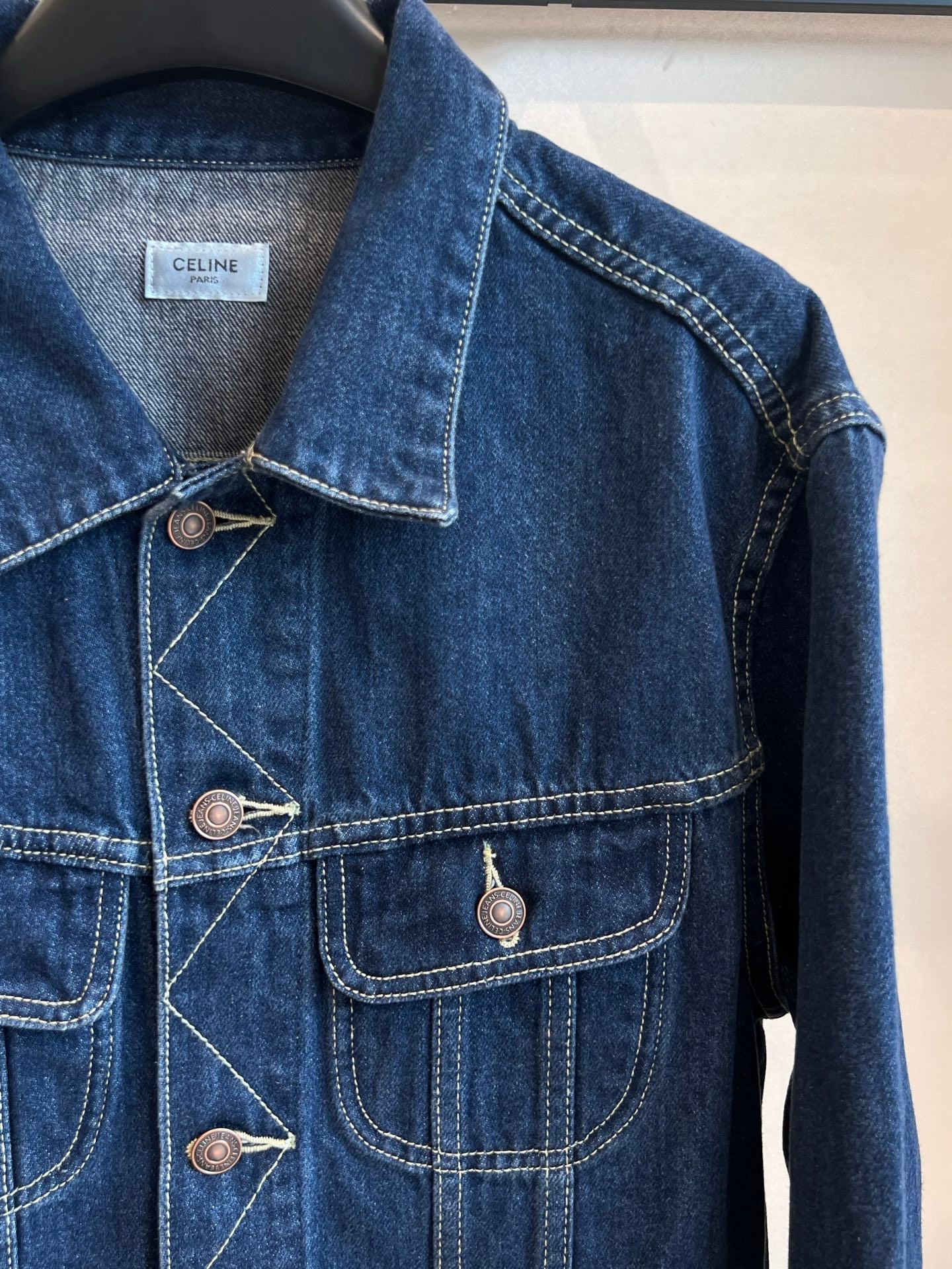 CELINE CLASSIC TRUCKER JACKET INDIGO DENIM CONTRAST STITCHING SILVER BUTTONS Ask ChatGPT