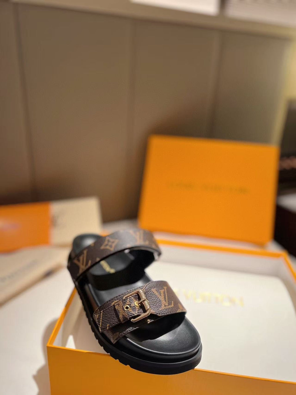 LOUIS VUITTON LV GOLD BUCKLE SANDALS IN BROWN MONOGRAM CANVAS