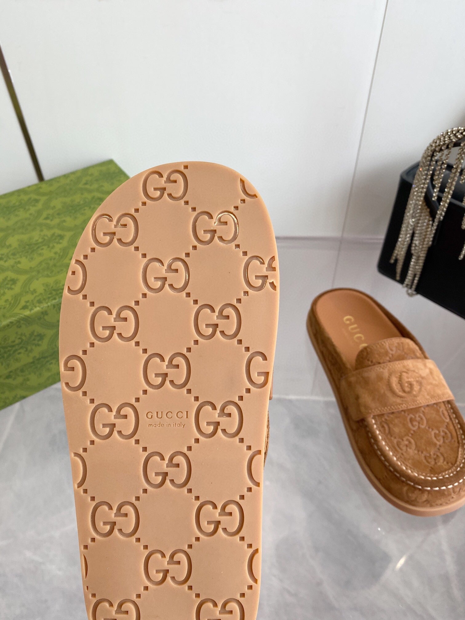 GUCCI LOAFERS IN BROWN MONOGRAM EMBOSSED SUEDE