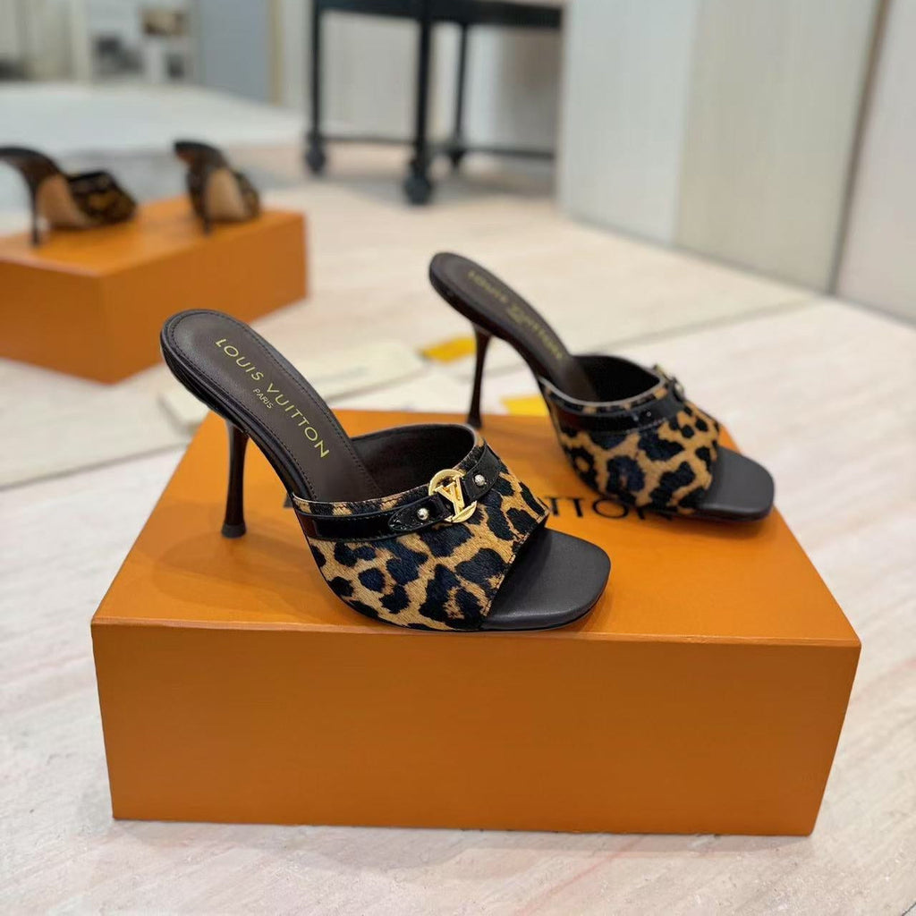 LOUIS VUITTON LV LEOPARD HIGH MULES IN BLACK AND BROWN FUR