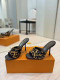 LOUIS VUITTON LV LEOPARD HIGH MULES IN BLACK AND BROWN FUR