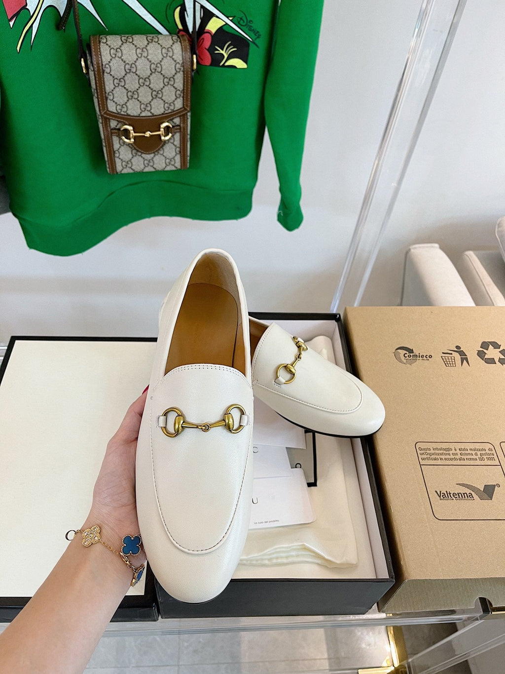 GUCCI LOAFERS MULES WHITE BROWN SOLE