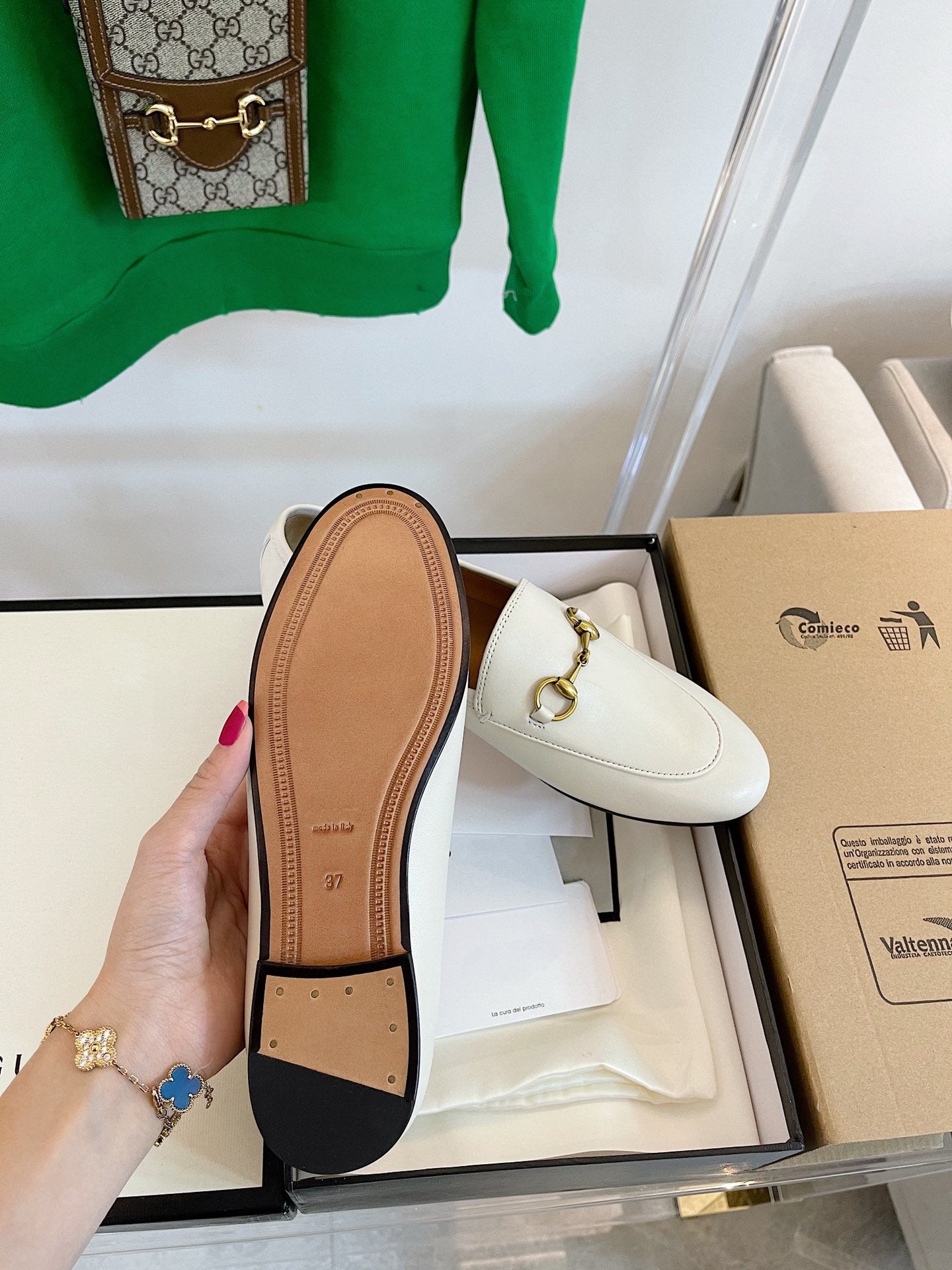 GUCCI LOAFERS MULES WHITE BROWN SOLE