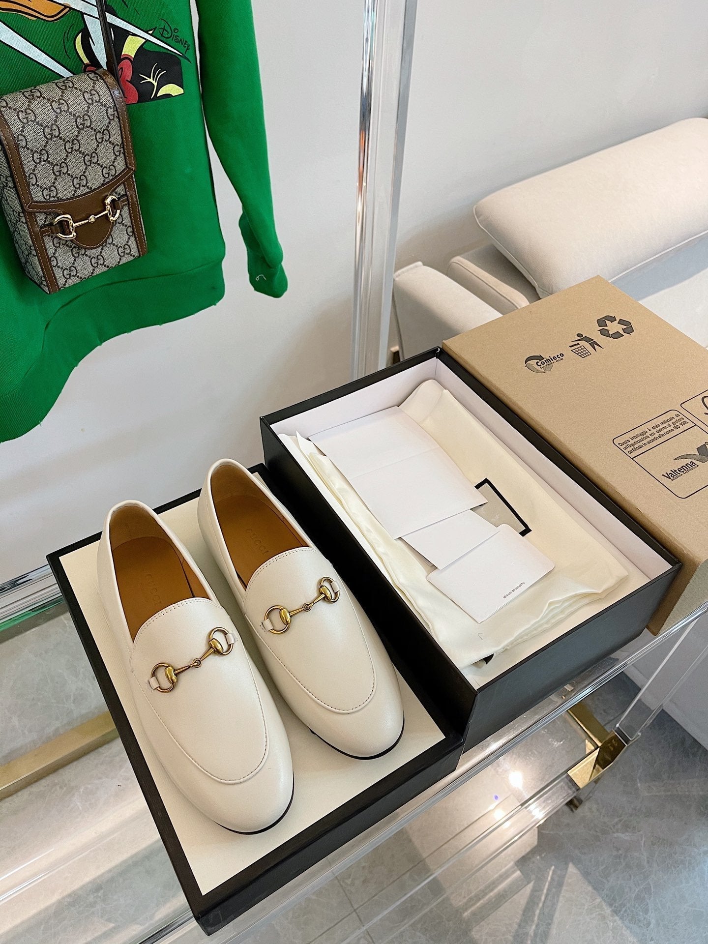 GUCCI LOAFERS MULES WHITE BROWN SOLE