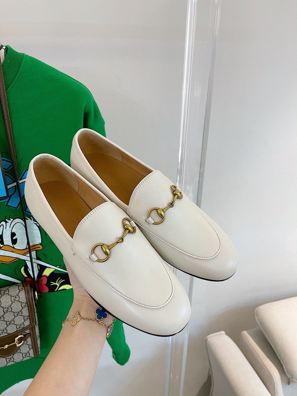 GUCCI LOAFERS MULES WHITE BROWN SOLE