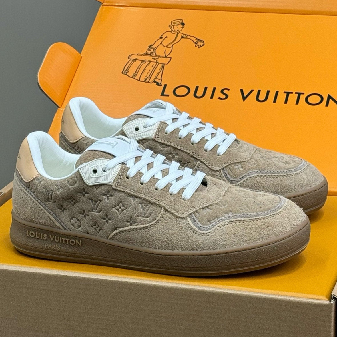 LOUIS VUITTON STADIUM SNEAKER IN KHAKI BROWN EMBOSSED MONOGRAM SUEDE