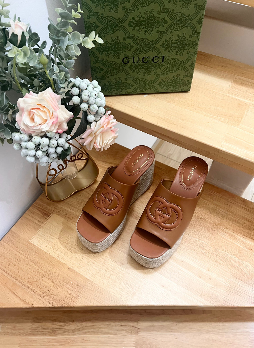 GUCCI HIGH 10CM WEDGE SANDALS IN RUSSET BROWN SHEEPSKIN