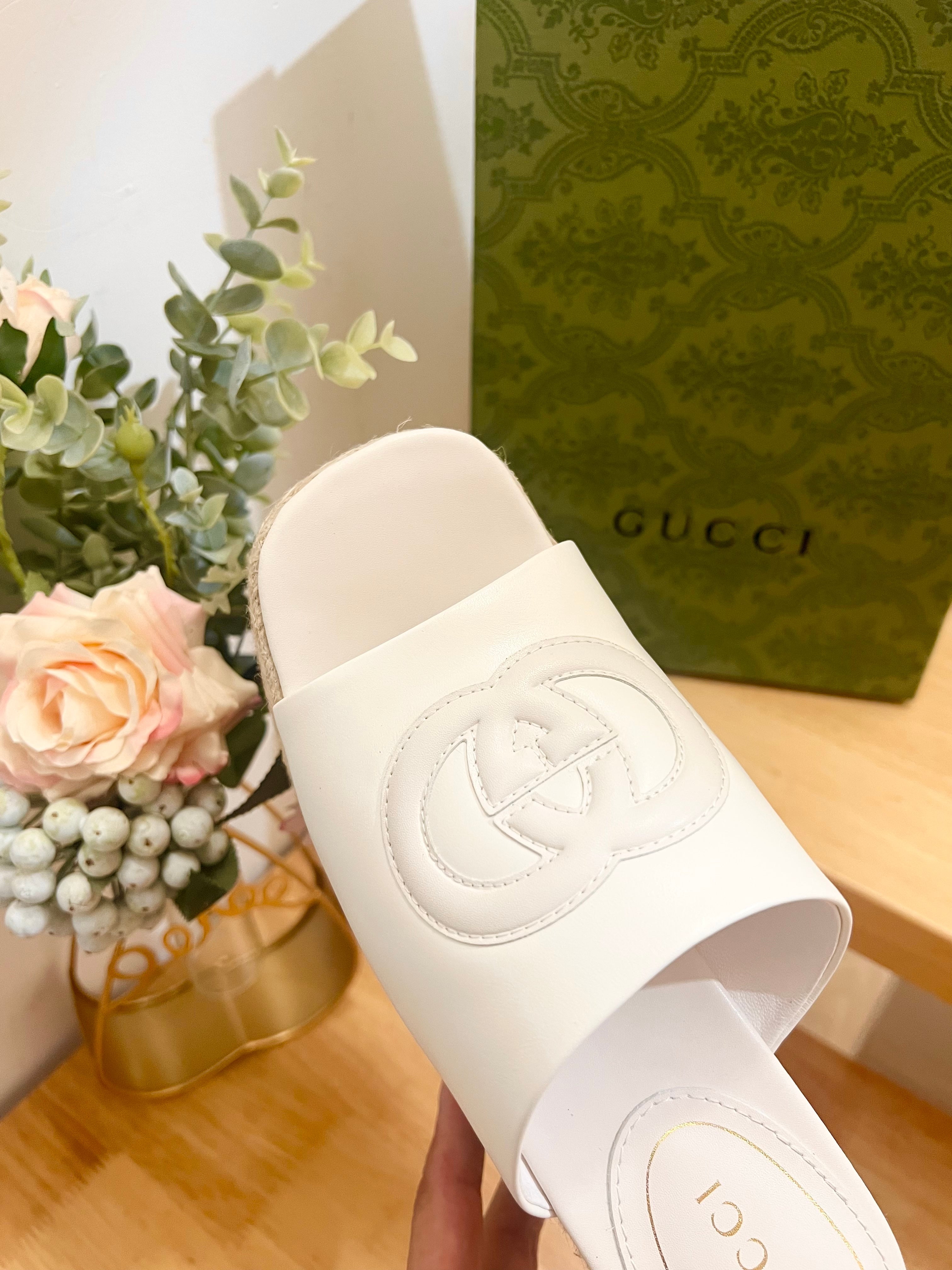 GUCCI HIGH 10CM WEDGE SANDALS IN WHITE SHEEPSKIN
