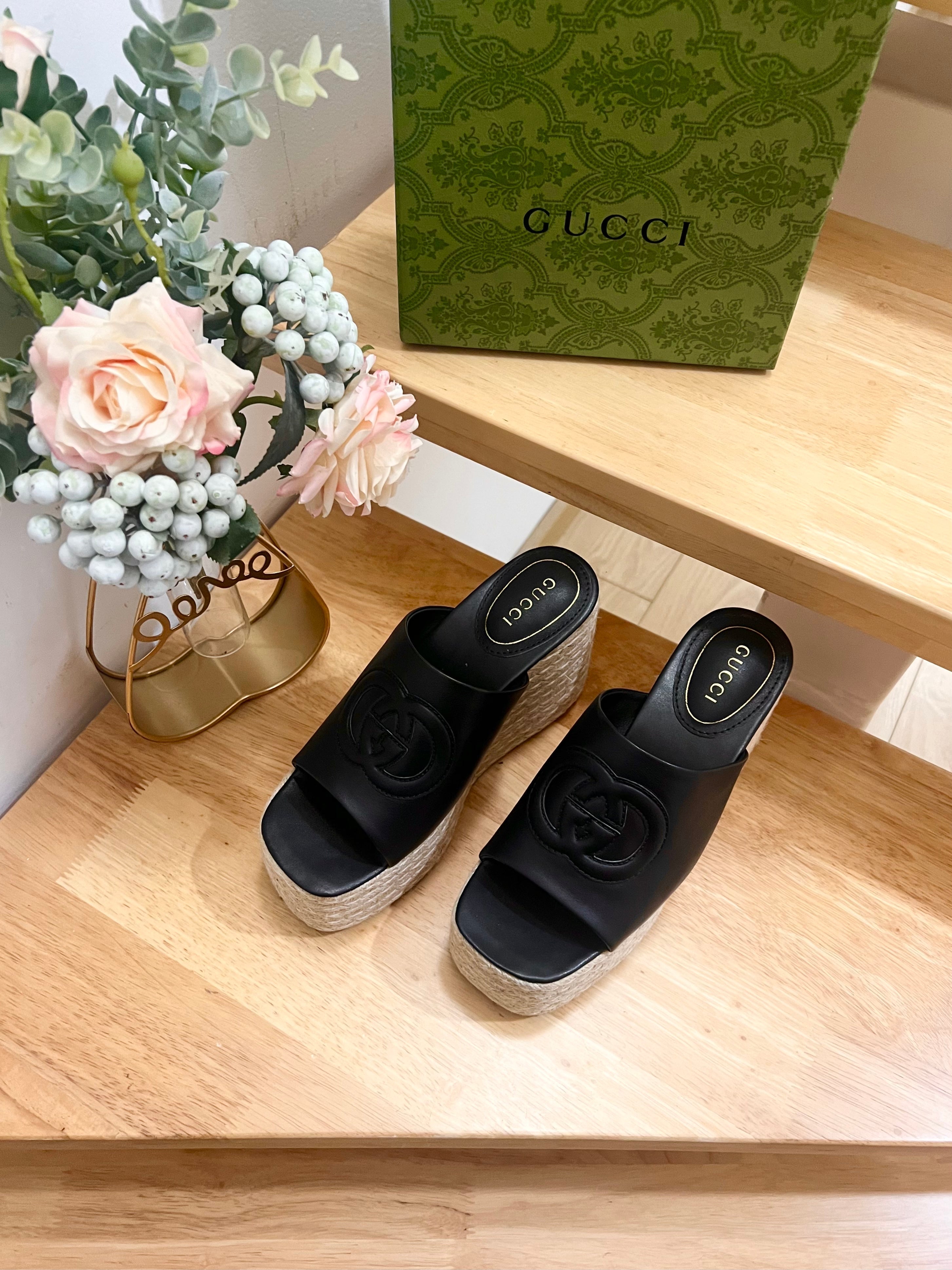 GUCCI HIGH 10CM WEDGE SANDALS IN BLACK SHEEPSKIN