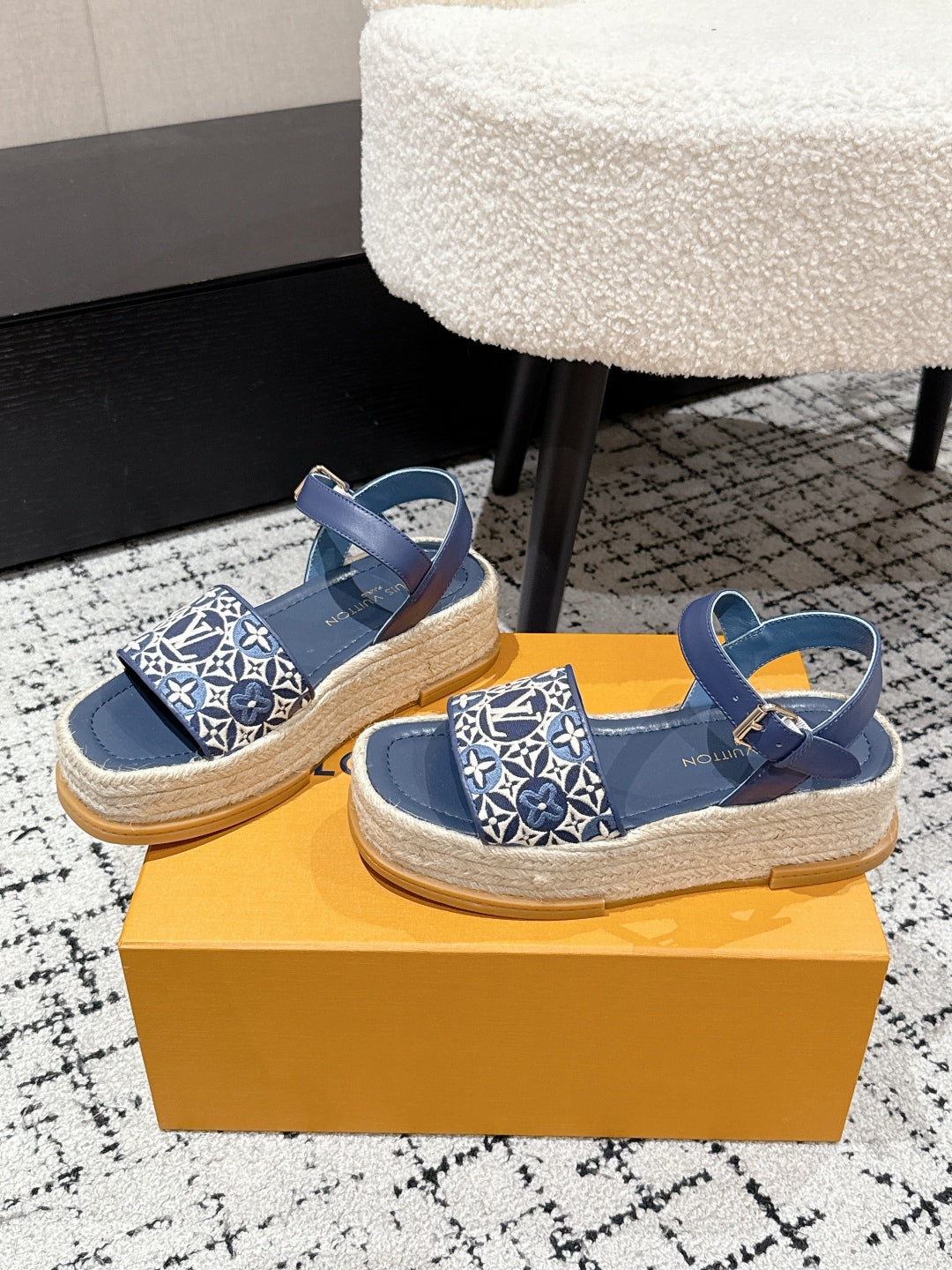 LOUIS VUITTON LV PLATFORM ESPADRILLE SANDALS 25S IN DARK BLUE FABRIC