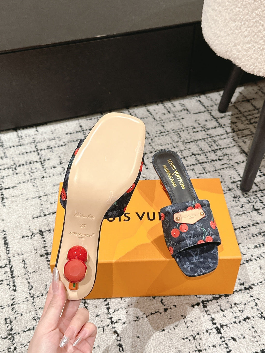 LOUIS VUITTON LV CHERRY HIGH HEELS 25S 55 MM IN CHARCOAL BLACK DENIM STYLE 10