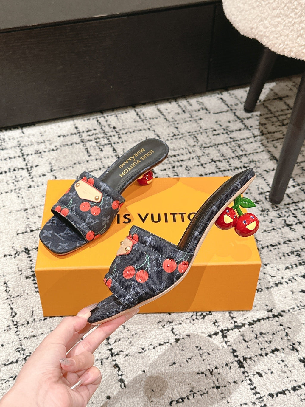 LOUIS VUITTON LV CHERRY HIGH HEELS 25S 55 MM IN CHARCOAL BLACK DENIM STYLE 10