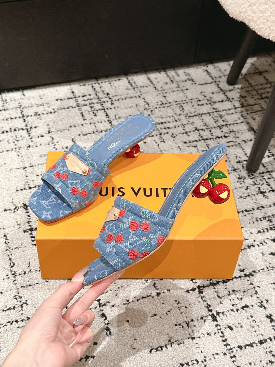 LOUIS VUITTON LV CHERRY HIGH HEELS 25S 55 MM IN BLUE DENIM STYLE 6