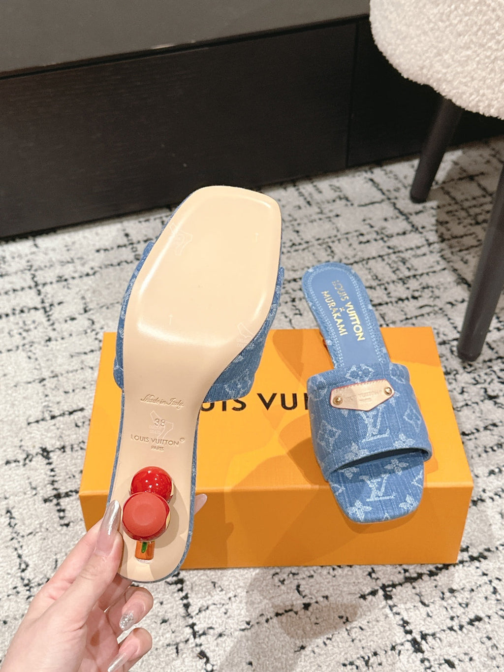 LOUIS VUITTON LV CHERRY HIGH HEELS 25S 55 MM IN BLUE DENIM STYLE 5