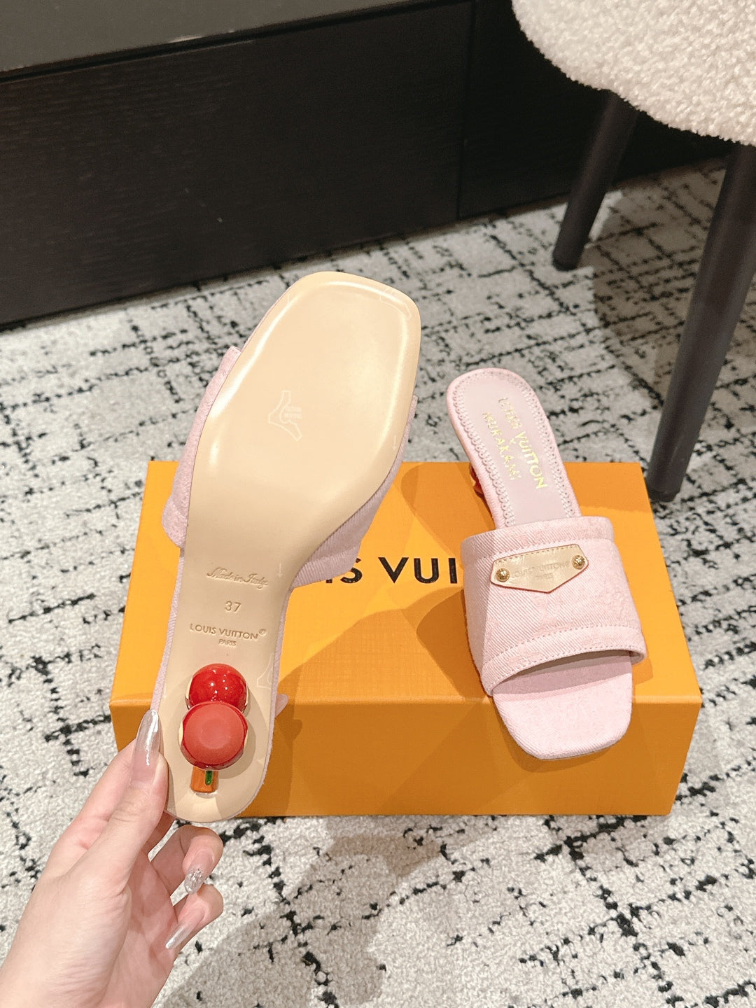 LOUIS VUITTON LV CHERRY HIGH HEELS 25S 55 MM IN LIGHT PINK DENIM STYLE 4