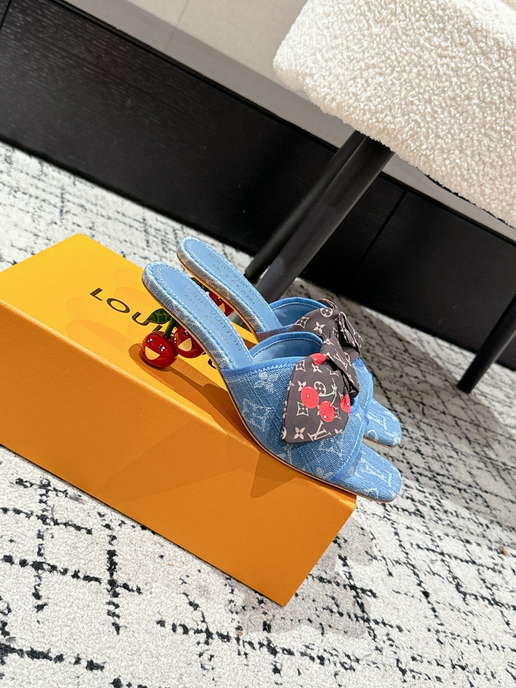 LOUIS VUITTON LV CHERRY HIGH HEELS 25S IN BLUE DENIM WITH BOW STYLE 8