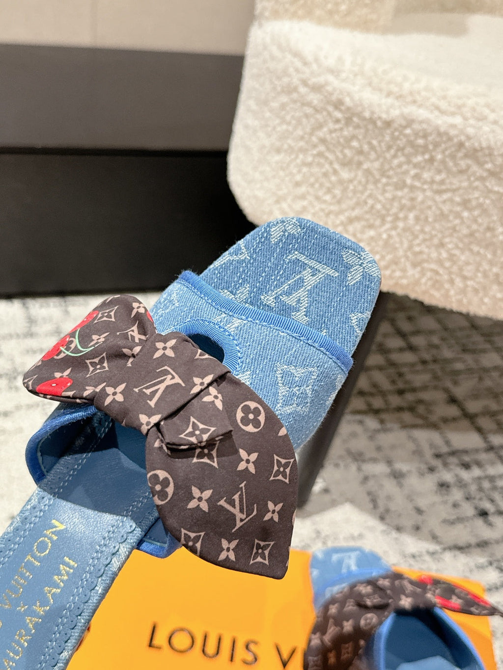 LOUIS VUITTON LV CHERRY HIGH HEELS 25S IN BLUE DENIM WITH BOW STYLE 8