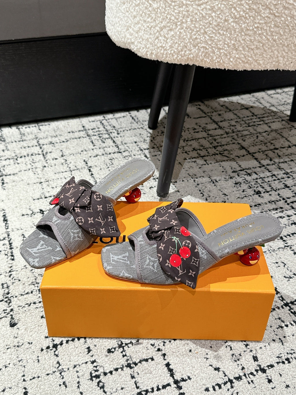 LOUIS VUITTON LV CHERRY HIGH HEELS 25S IN DARK GREY DENIM WITH BOW STYLE 7