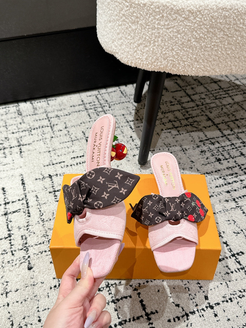 LOUIS VUITTON LV CHERRY HIGH HEELS 25S IN LIGHT PINK DENIM WITH BOW STYLE 6