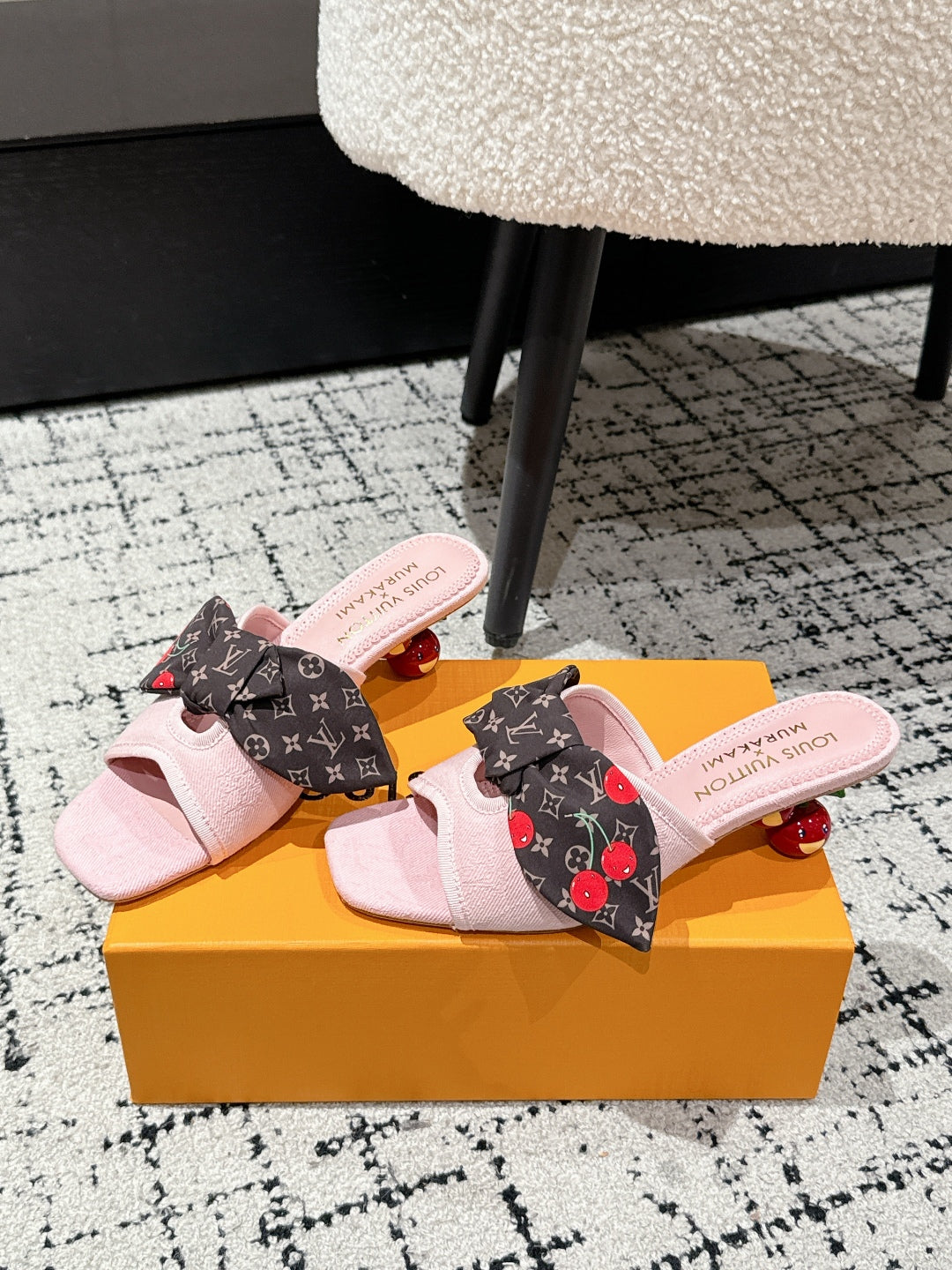 LOUIS VUITTON LV CHERRY HIGH HEELS 25S IN LIGHT PINK DENIM WITH BOW STYLE 6