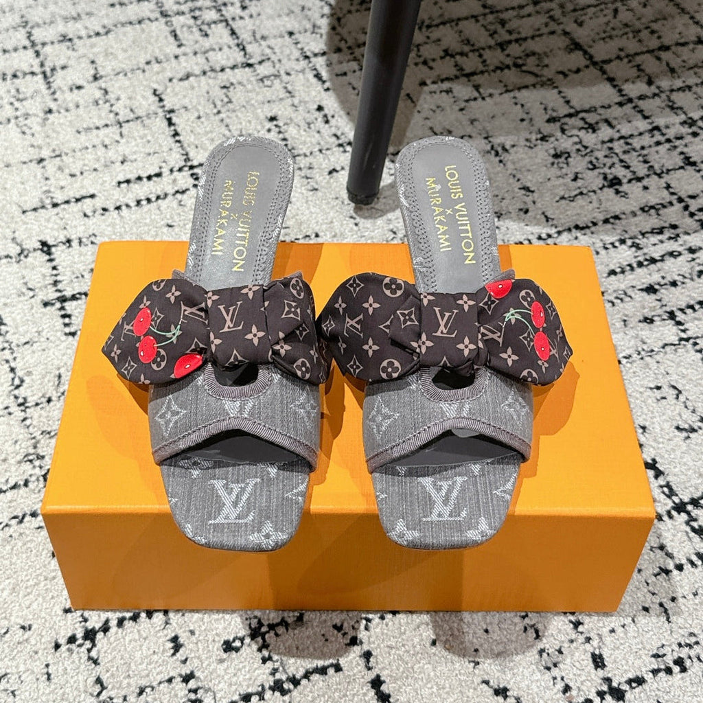 LOUIS VUITTON LV CHERRY HIGH HEELS 25S IN DARK GREY DENIM WITH BOW STYLE 7