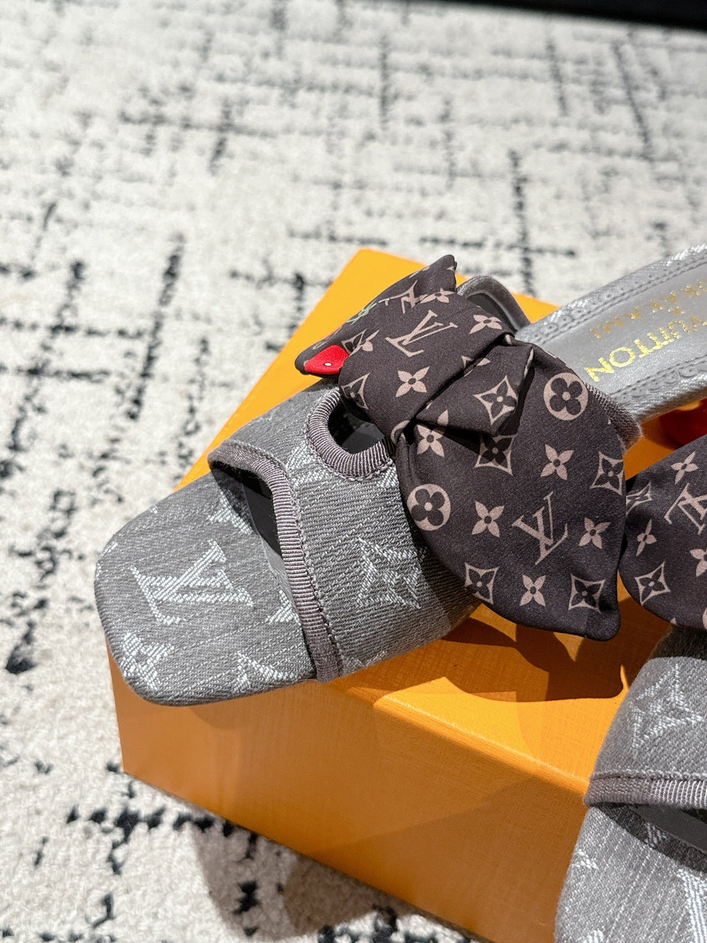 LOUIS VUITTON LV CHERRY HIGH HEELS 25S IN DARK GREY DENIM WITH BOW STYLE 7
