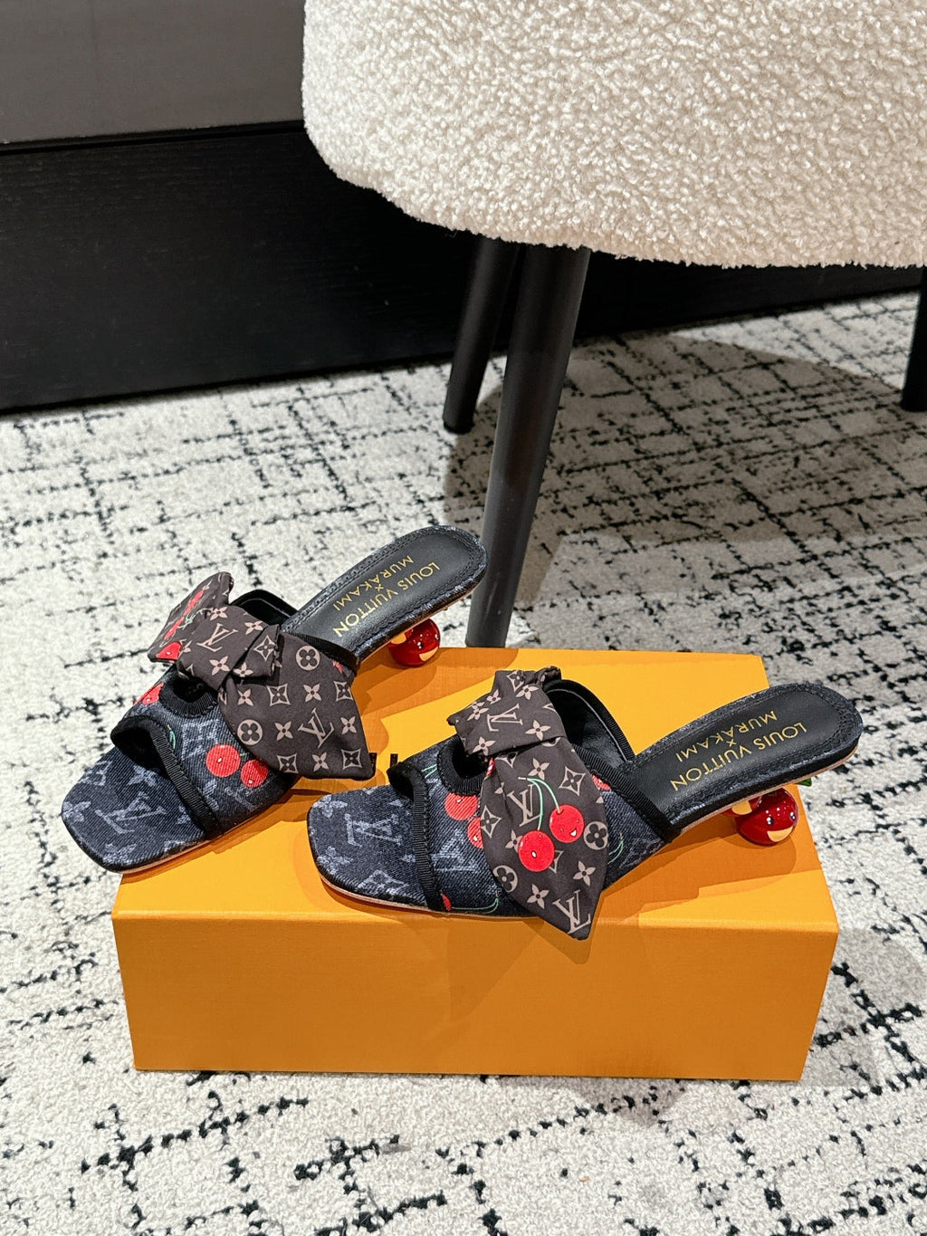 LOUIS VUITTON LV CHERRY HIGH HEELS 25S IN NAVY BLUE DENIM WITH BOW STYLE 2