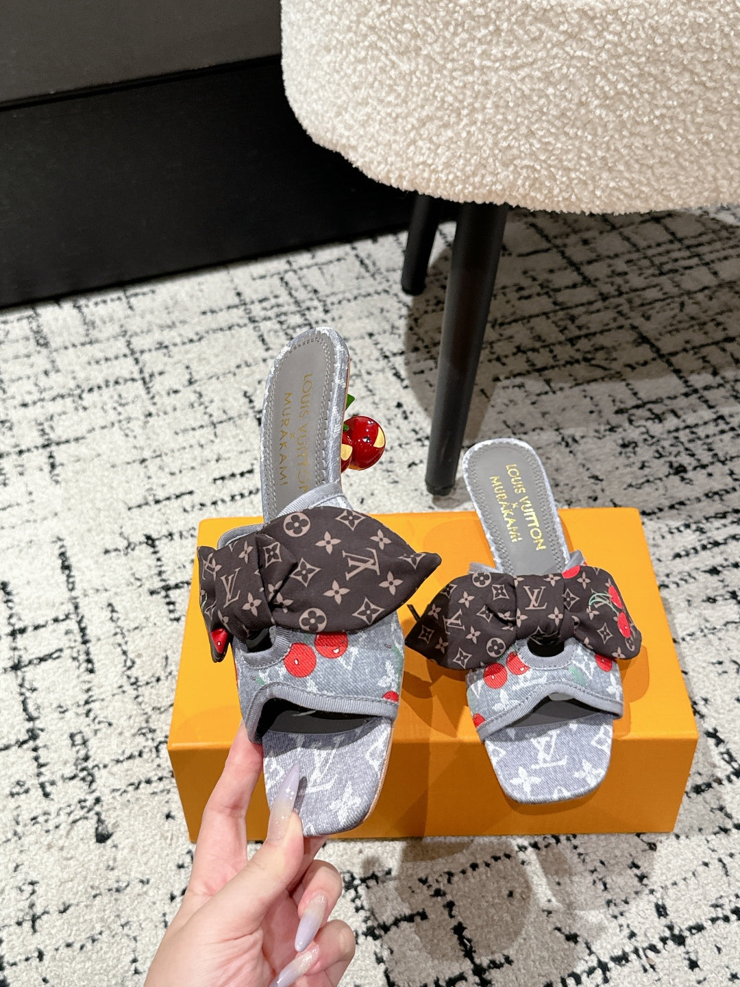 LOUIS VUITTON LV CHERRY HIGH HEELS 25S IN GREY DENIM WITH BOW STYLE 1