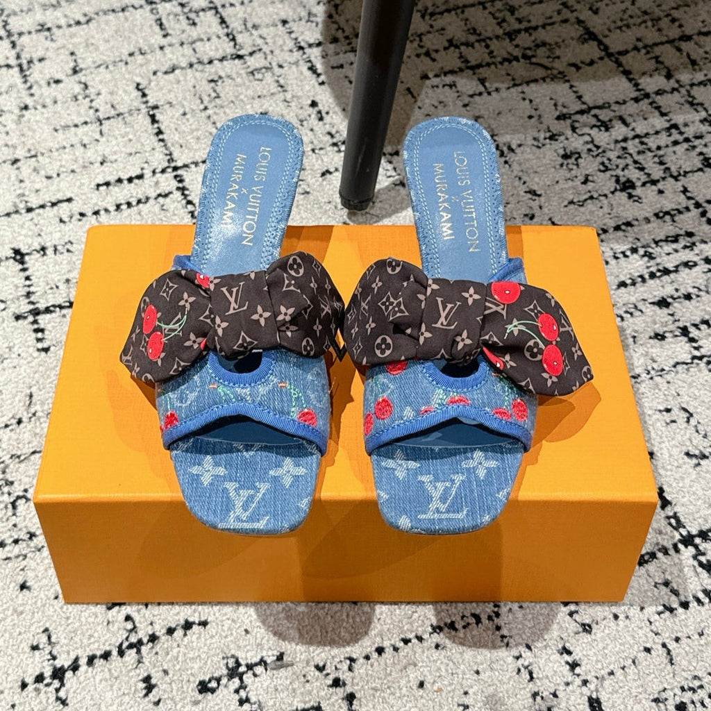 LOUIS VUITTON LV CHERRY HIGH HEELS 25S IN BLUE DENIM WITH BOW STYLE 3