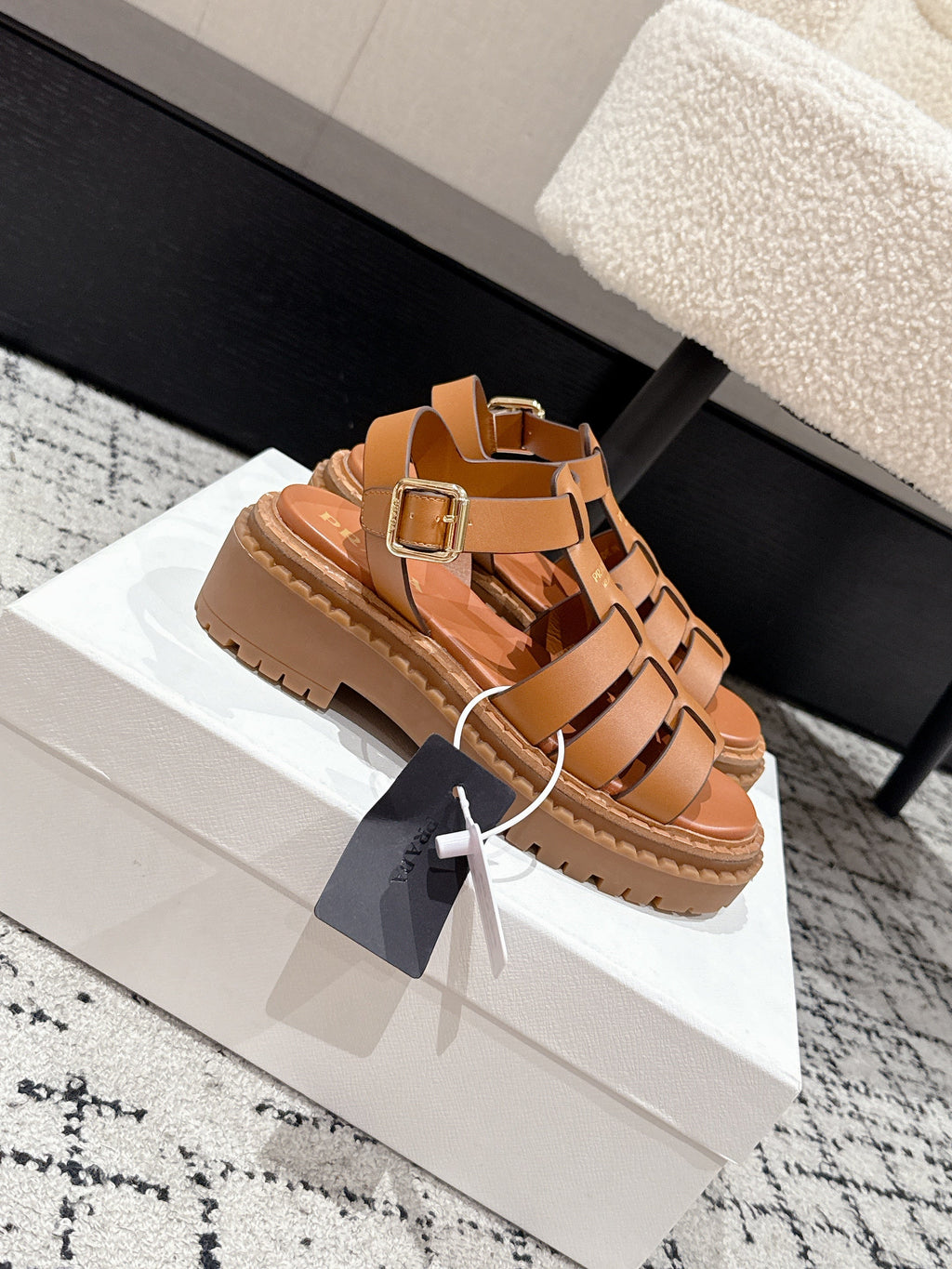 PRADA 25S FISHERMAN OPEN TOE SANLS IN BURNT ORANGE CALFSKIN
