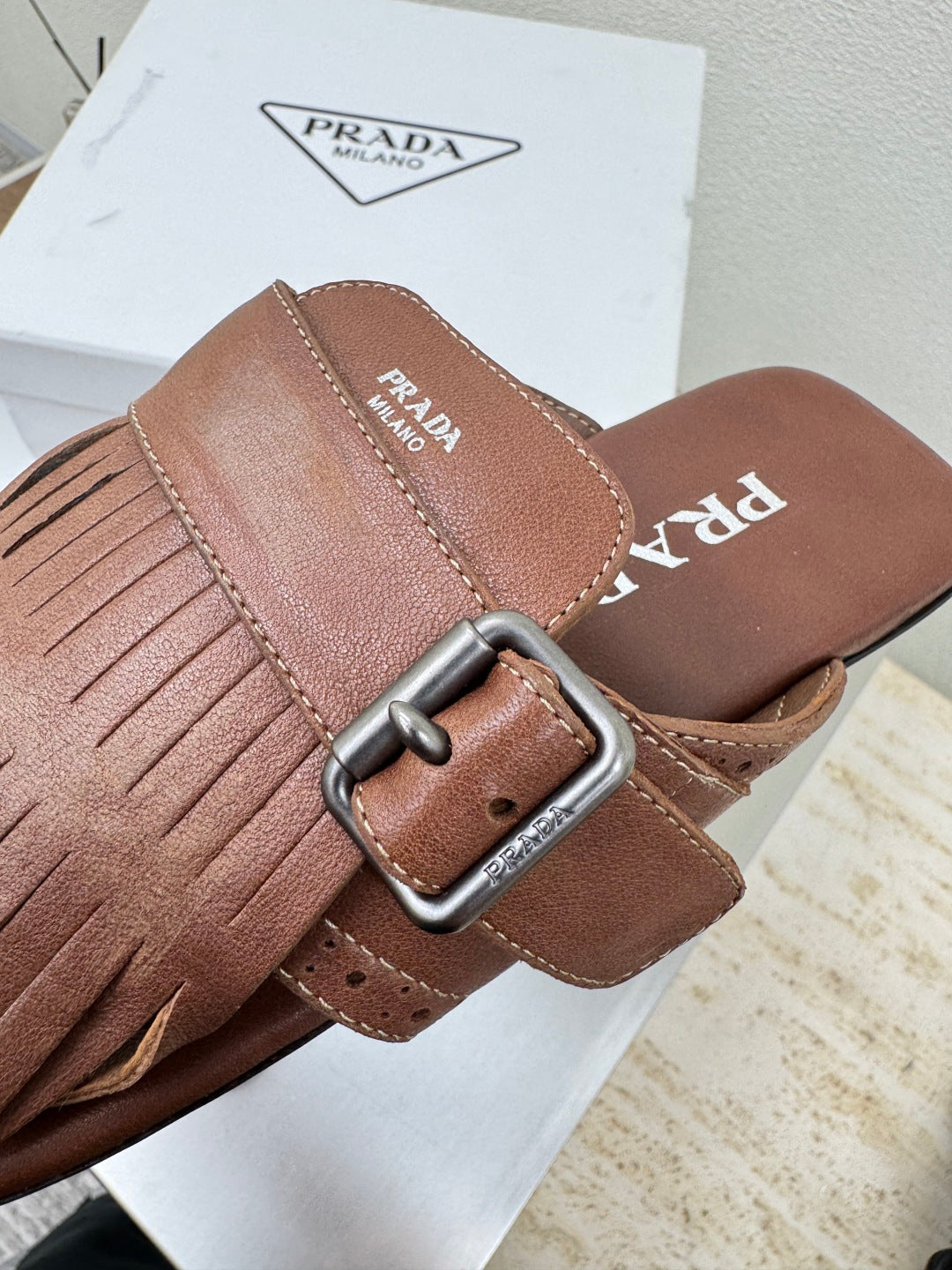 PRADA 25S SHUFFLE LEATHER THONG SANLS IN SIENNA CALFSKIN