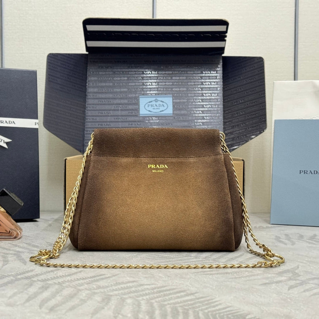 PRADA 25S ENCHAINE MINI BAG 22 IN CARAMEL BROWN SUEDE GOLD HARDWARE