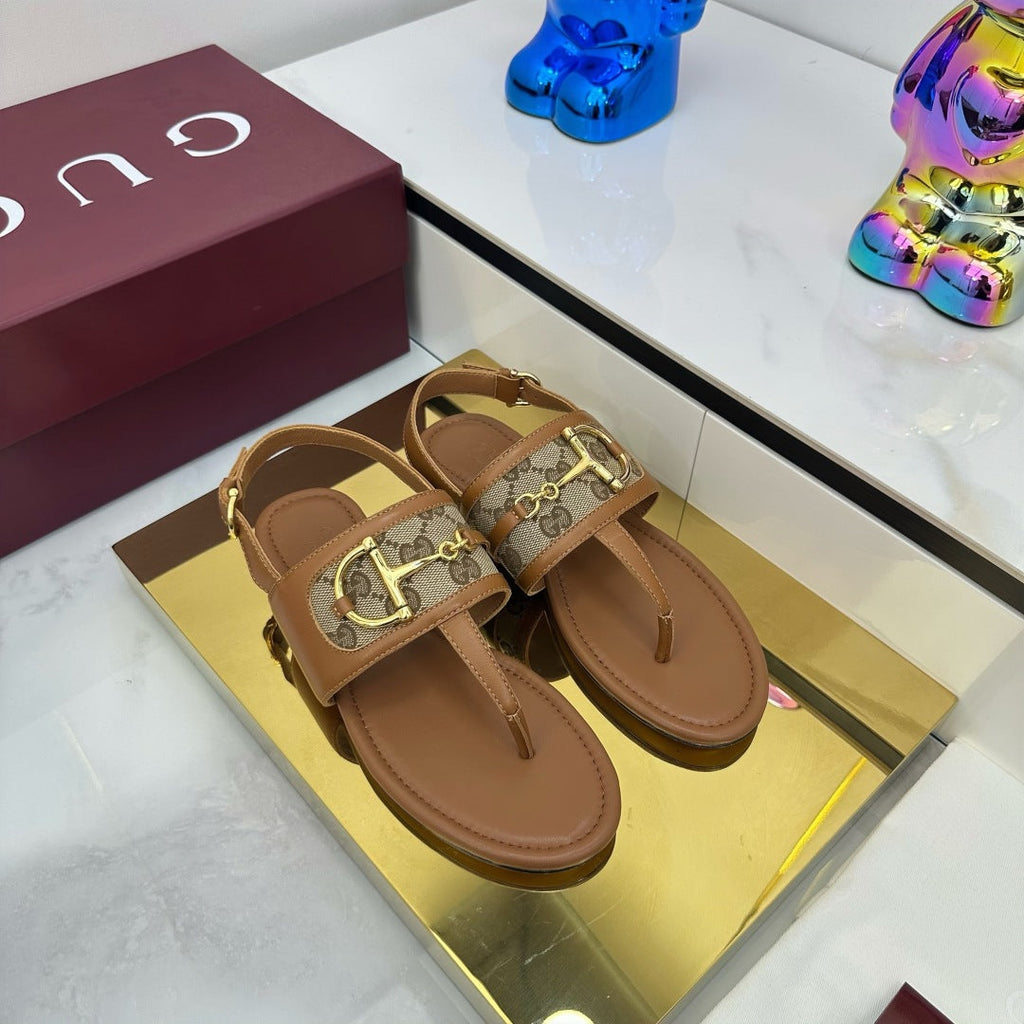 GUCCI FLAT THONG SANDALS WITH ANKLE STRAP IN BROWN LAMBSKIN AND BEIGE FABRIC
