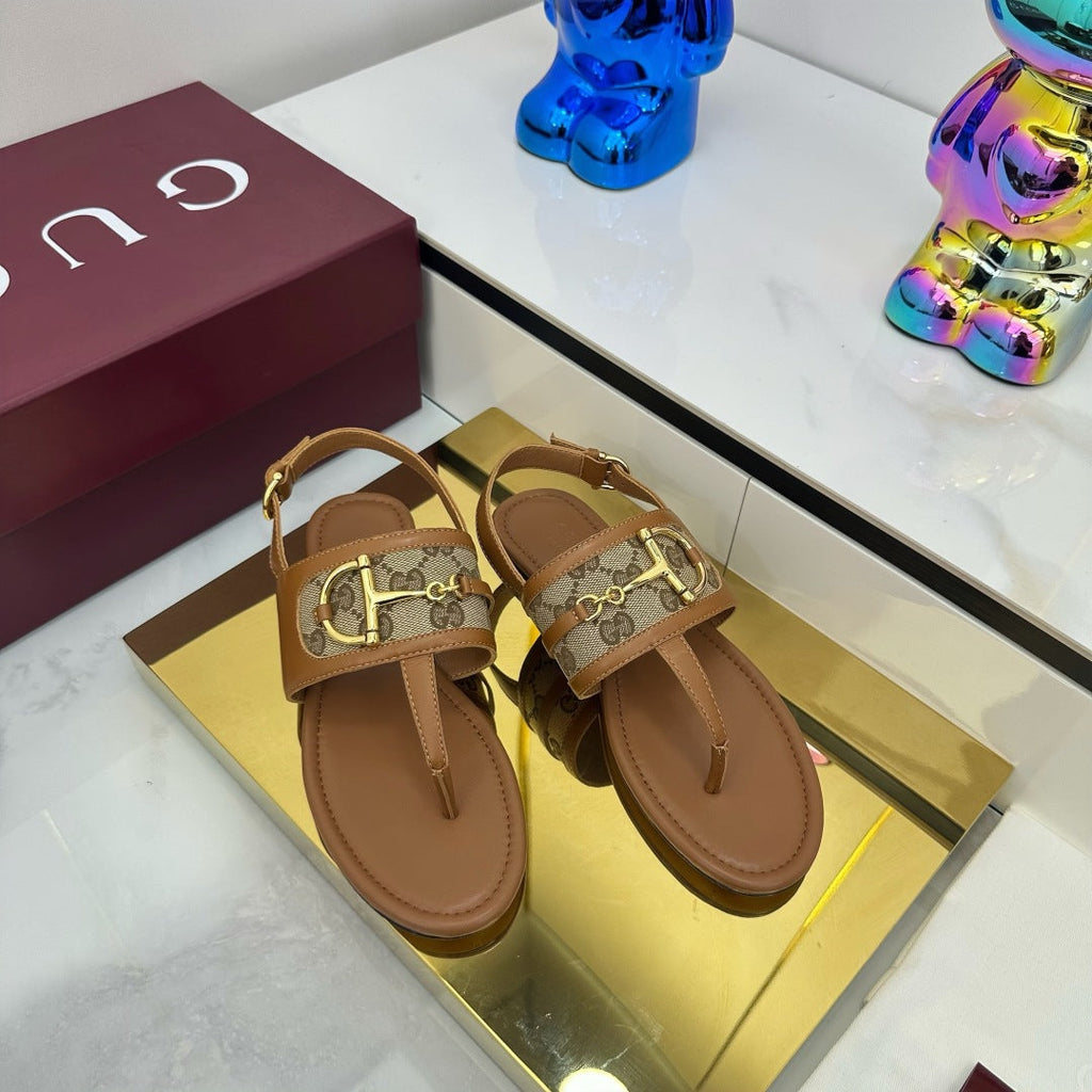 GUCCI FLAT THONG SANDALS WITH ANKLE STRAP IN BROWN LAMBSKIN AND BEIGE FABRIC