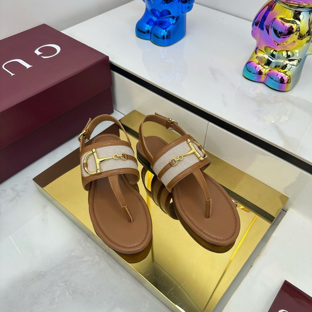 GUCCI FLAT THONG SANDALS WITH ANKLE STRAP IN BROWN LAMBSKIN AND WHITE FABRIC