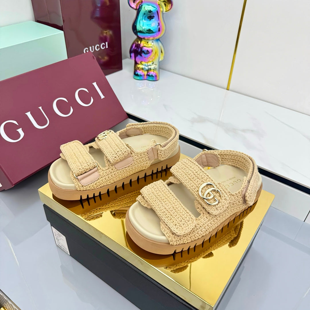 GUCCI SANDALS 25S IN NATURAL STRAW CROCHET COTTON FABRIC