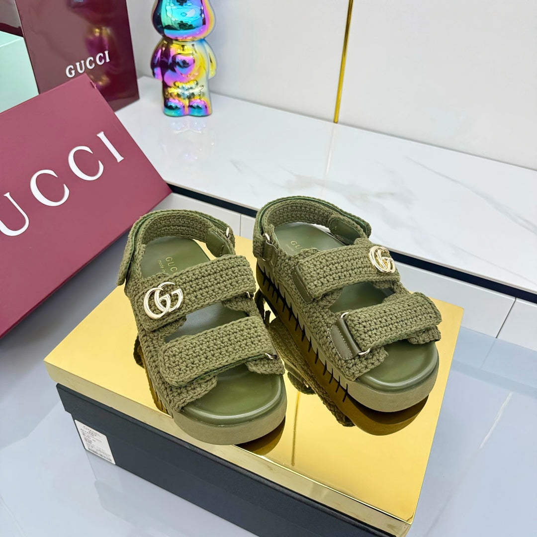 GUCCI SANDALS 25S IN MOSS GREEN CROCHET COTTON FABRIC
