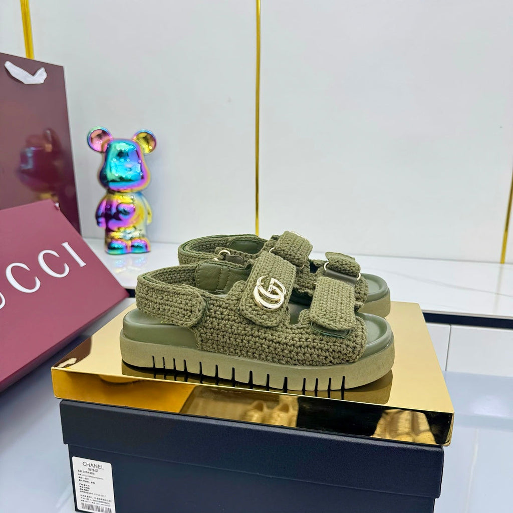 GUCCI SANDALS 25S IN MOSS GREEN CROCHET COTTON FABRIC