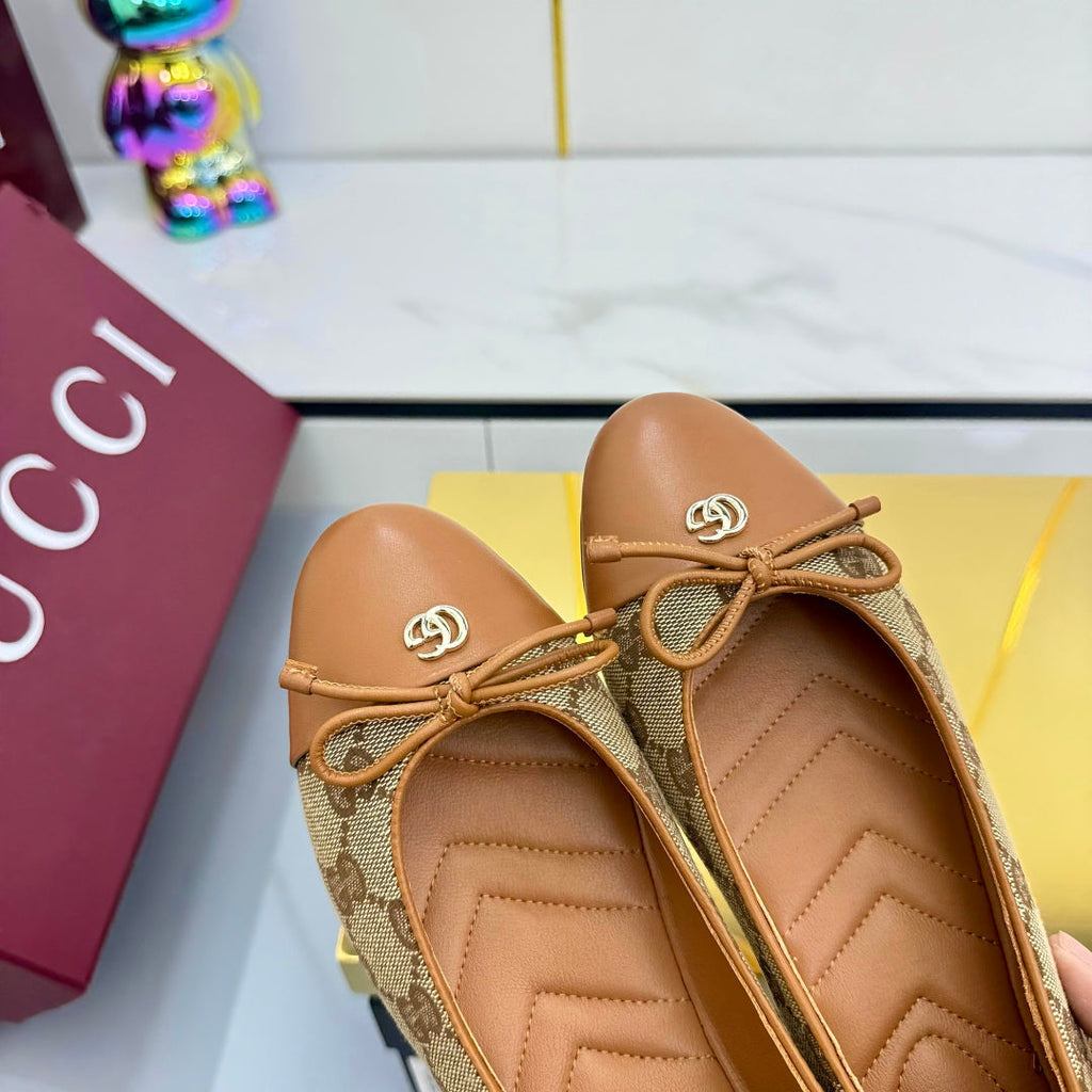 GUCCI BALLET FLATS 25S IN BROWN LAMBSKIN MIX BEIGE CANVAS WITH BOW