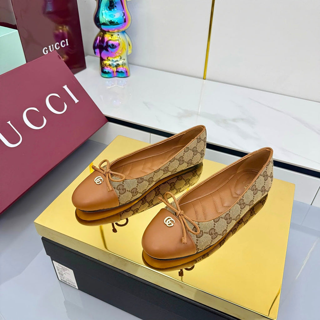 GUCCI BALLET FLATS 25S IN BROWN LAMBSKIN MIX BEIGE CANVAS WITH BOW