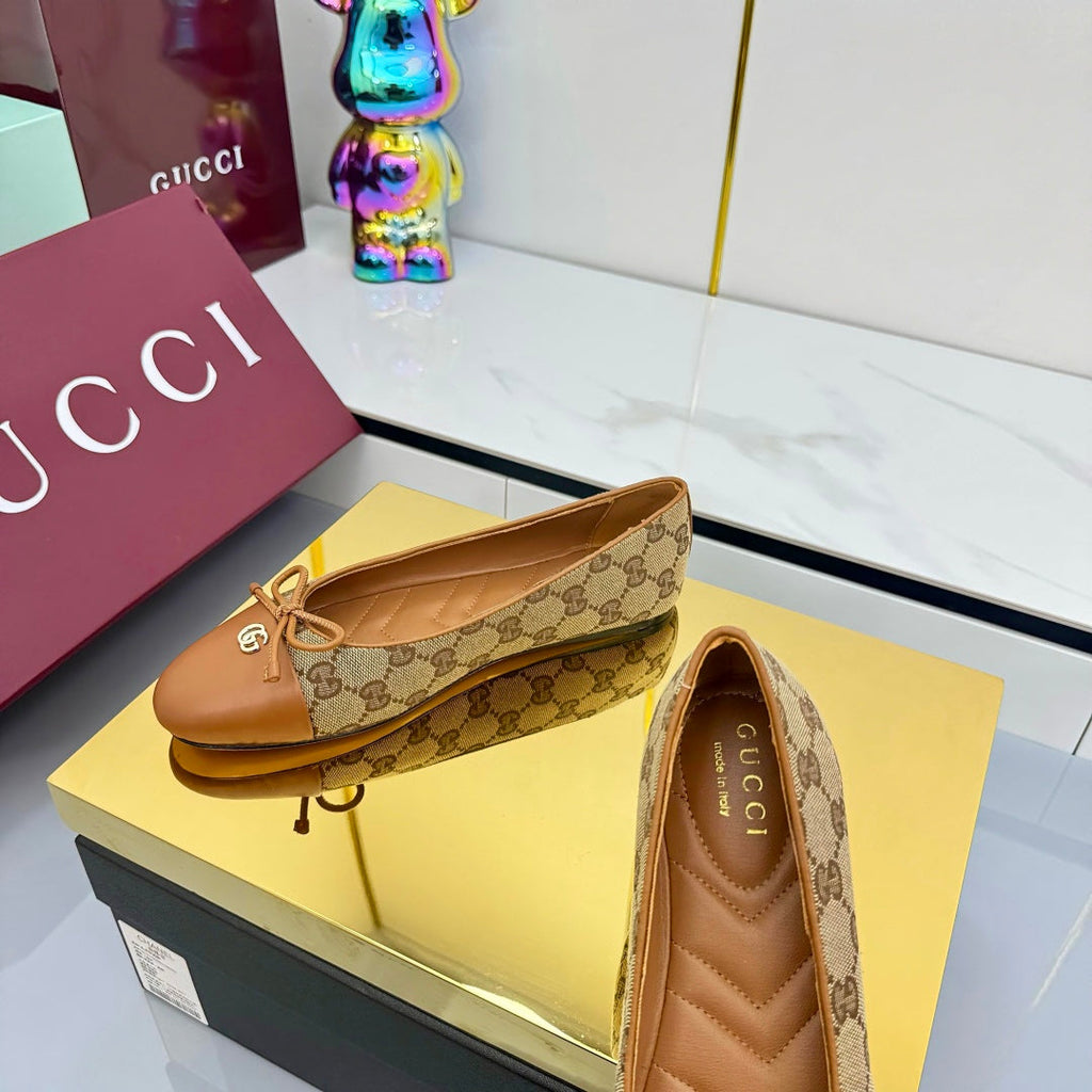 GUCCI BALLET FLATS 25S IN BROWN LAMBSKIN MIX BEIGE CANVAS WITH BOW