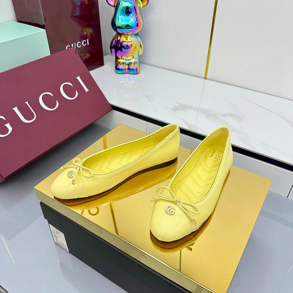 GUCCI BALLET FLATS 25S IN YELLOW LAMBSKIN MIX GLOSSY LEATHER WITH BOW
