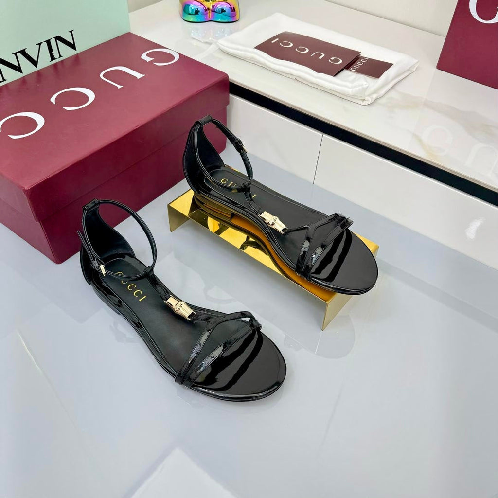 GUCCI THONG SANDALS 25S IN BLACK LAMBSKIN WITH GOLD HARDWARE