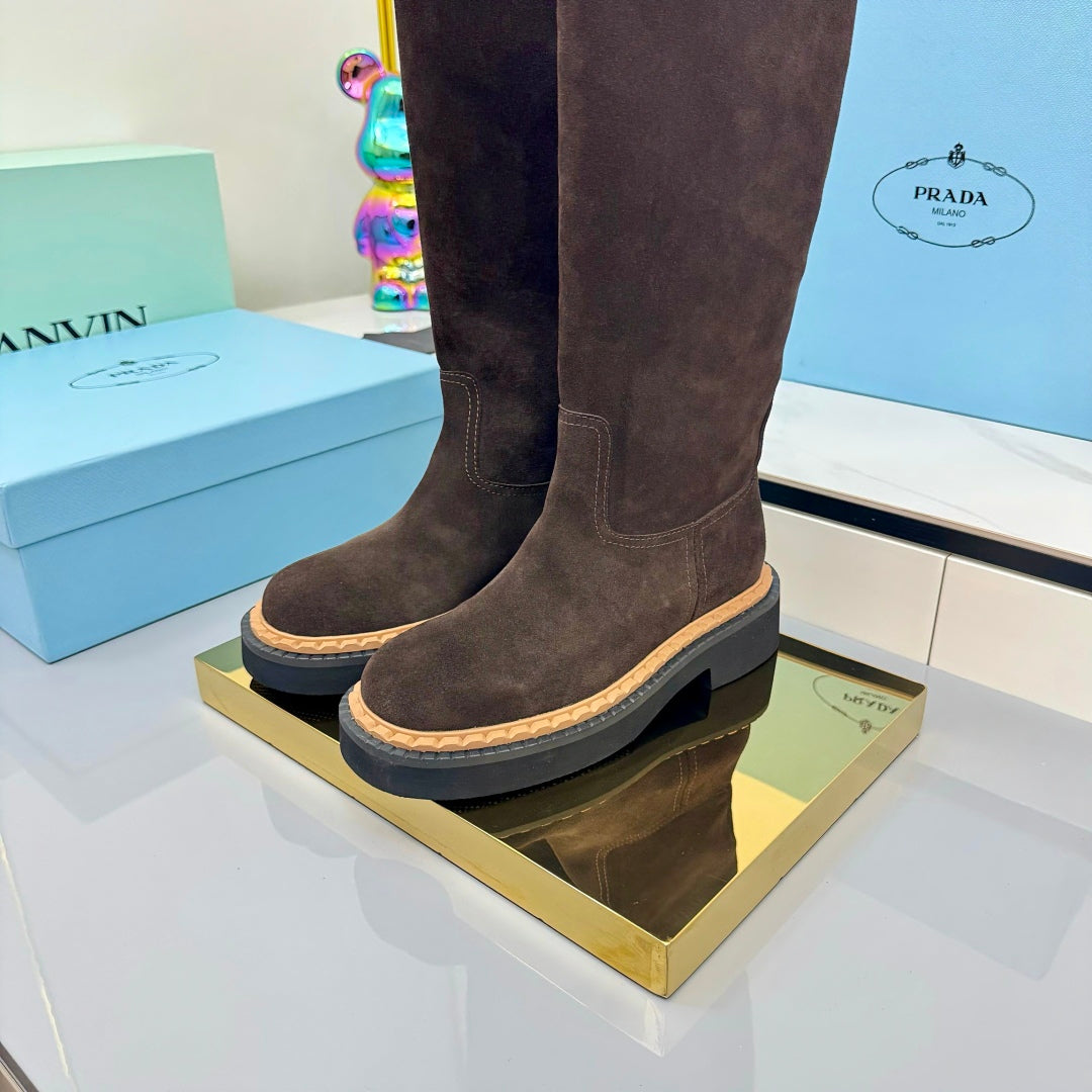 PRADA 25S HIGH BOOTS MARTIN 50MM IN RK BROWN SUEDE WITH LOGO