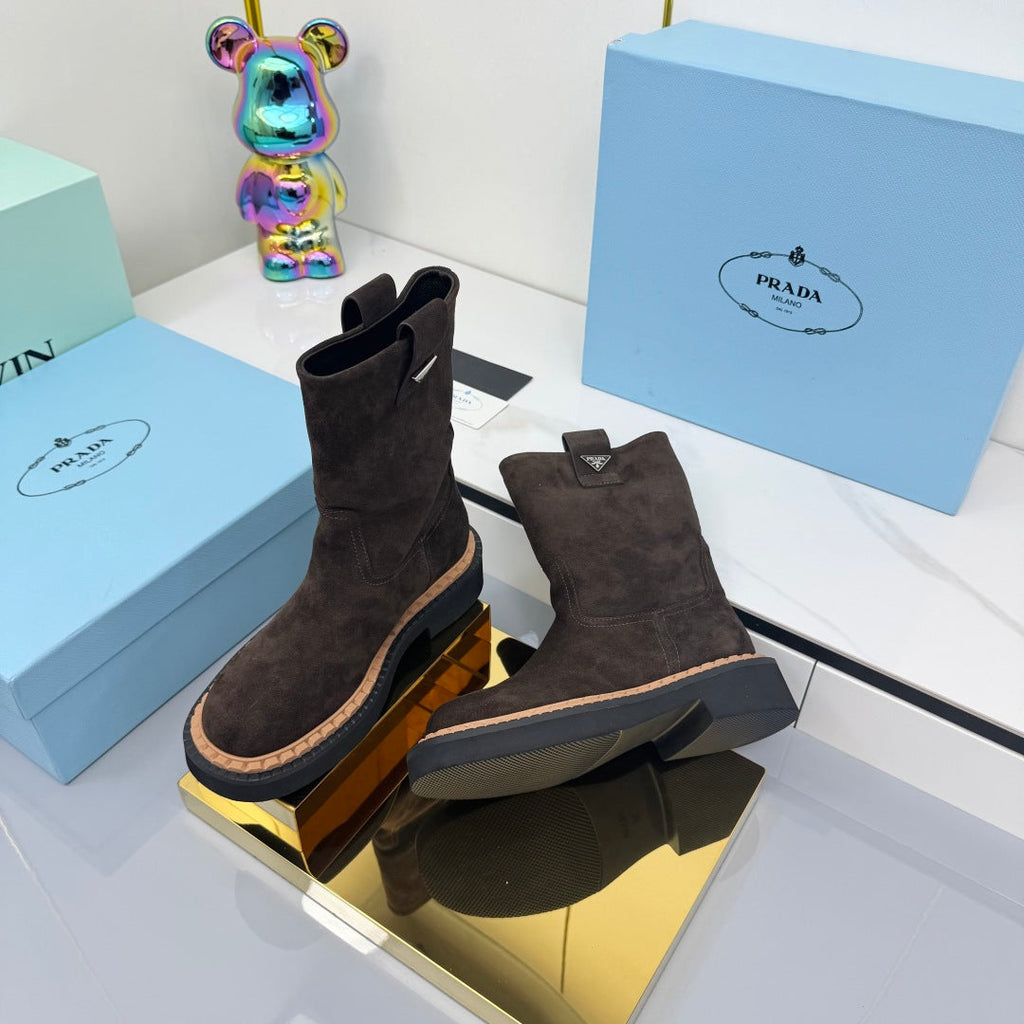 PRADA 25S HIGH MARTIN BOOTS 50MM IN RK BROWN SUEDE